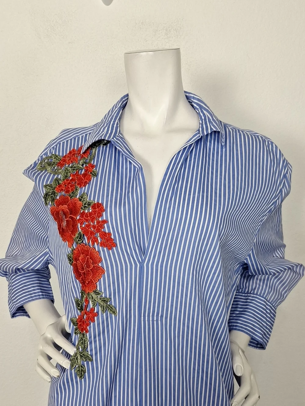 Zara Floral Embroidered Striped 3/4 Sleeve Coastal Boho Tunic Shirt Dress Size S